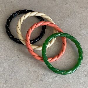 Vintage Multicolor Twisted Bangles - Black, Cream, Coral, Green Argylic Resin